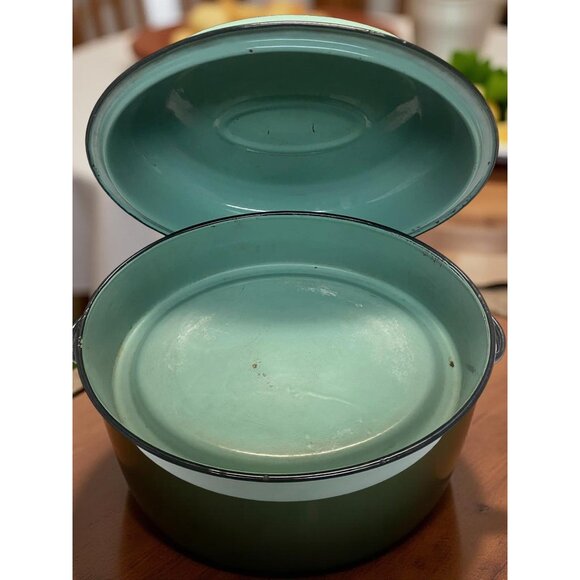 Vintage Enamelware Oval Roaster with Lid – Seafoam Green Farmhouse Enamel Pan – - Picture 2 of 8